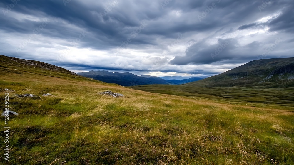 Aufkleber stunning panoramic view of a serene valley under a dramatic sky with spacious grassland : generative