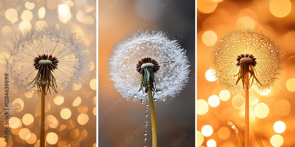 Poster captivating dandelion transformations showcasing dew drops and soft bokeh lighting at sunrise
