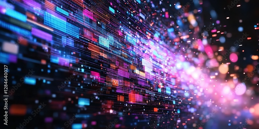 Poster dynamic burst of vibrant colors and patterns reflecting technological innovation and digital creativ