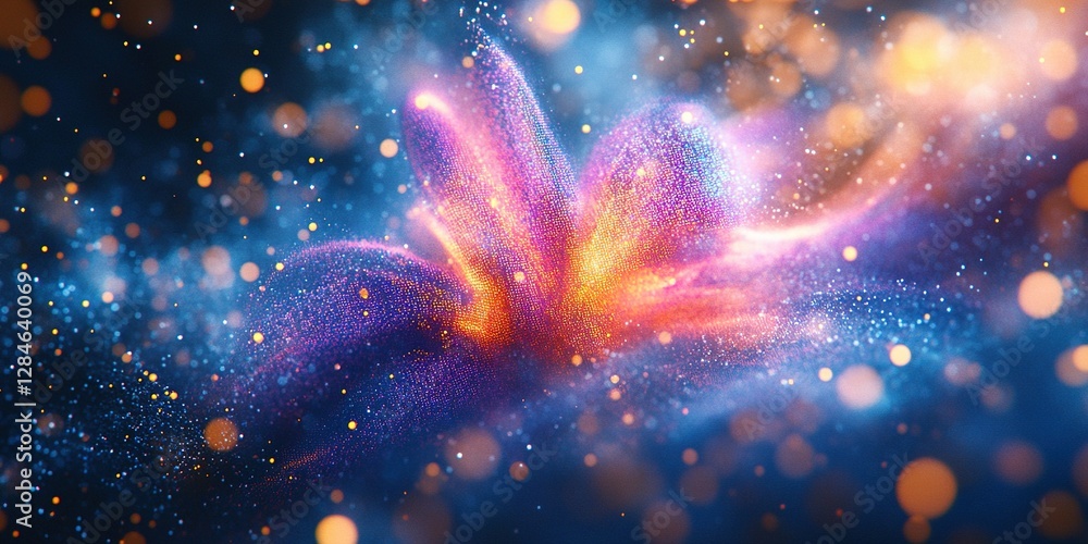 Poster colorful cosmic explosion of light and particles creating an abstract floral design in a vibrant spa
