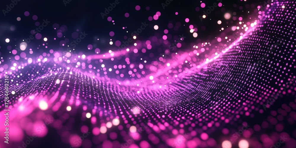 Poster vibrant abstract waves of light with glowing dots in shades of pink and purple creating a dynamic vi