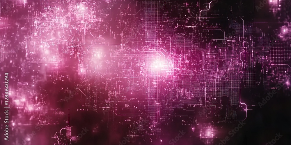 Poster digital circuit design with glowing elements in vibrant pink hues highlighting technology and innova