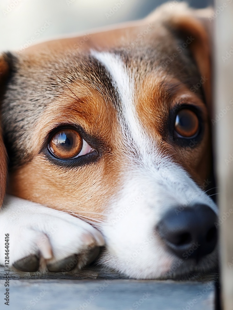 Poster Closeup shot of a thoughtful Beagle dog resting with expressive eyes displaying emotion and depth : Generative AI