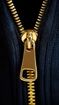 A close-up of a gold zipper on a dark blue fabric, showing the intricate details of the zipper teeth and pull tab