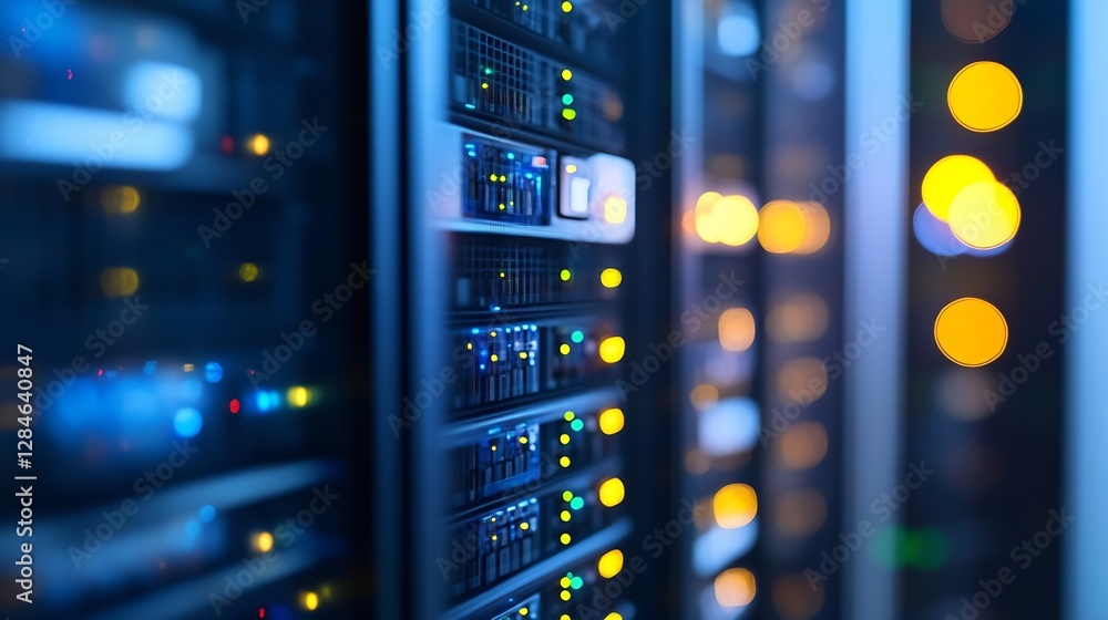 Poster High Tech Data Center with Server Racks Illuminated by Colorful LED Lights at Night : Generative AI