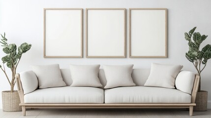 A minimalist living room with a white sofa, four cushions, three blank frames on the wall, and two potted plants on either side
