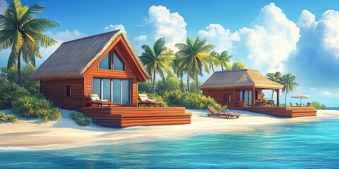 Serene beachside bungalows surrounded by palm trees on a sunny day by the ocean