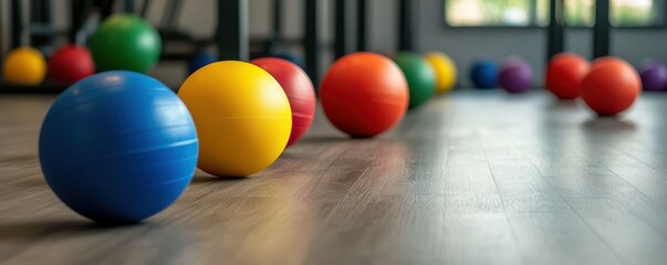 Naklejka premium Colorful exercise balls on gym floor with natural lighting and depth