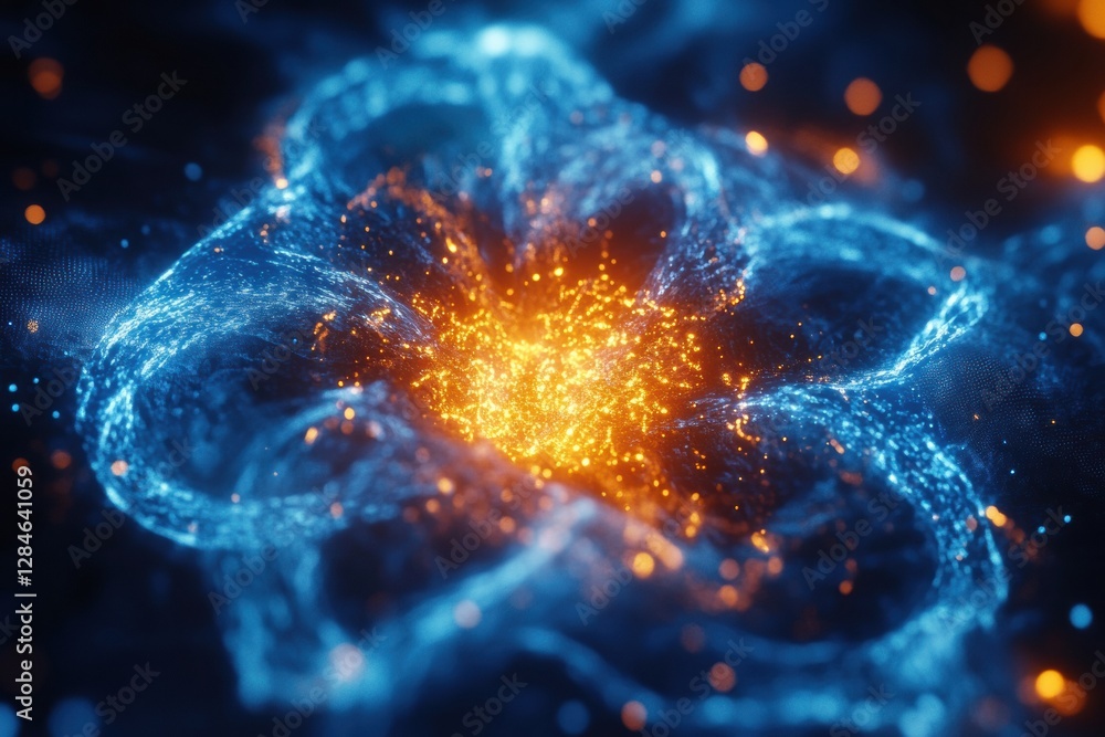Poster dynamic visualization of gas molecules revealing glowing atomic structures in vibrant motion. genera