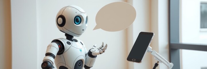 Cute 3D robot with a speech bubble against a purple background. Whimsical, friendly illustration perfect for technology, communication, or children's themes.