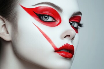 Obraz premium The image features a woman's face artistically painted with red and white makeup, showcasing a modern and stylish look.