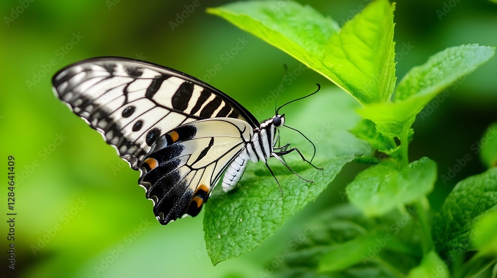 Poster intricate close up of a striking black and white butterfly resting on a green leaf : generative ai