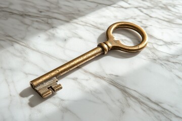 Antique brass skeleton key rests on a marble surface, bathed in sunlight.