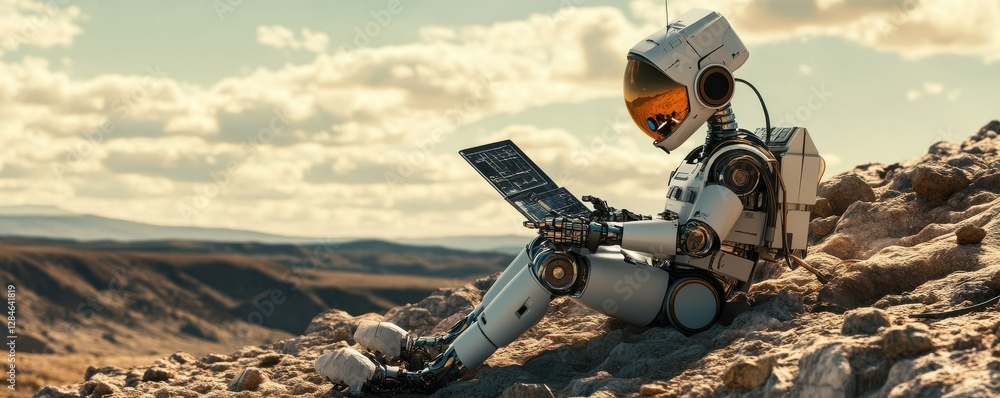 Poster robot explorer analyzing data on rocky terrain under cloudy sky in remote desert landscape