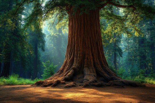 Majestic redwood tree stands tall in a sun-dappled forest, showcasing its immense size and age.