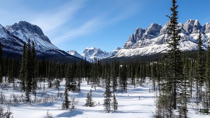 Breathtaking winter landscape with snowcovered mountains and evergreen trees under blue sky : Generative AI