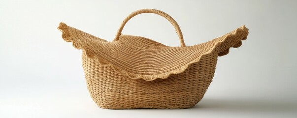 Obraz premium Stylish large wicker straw bag with wavy handle for summer beach outings