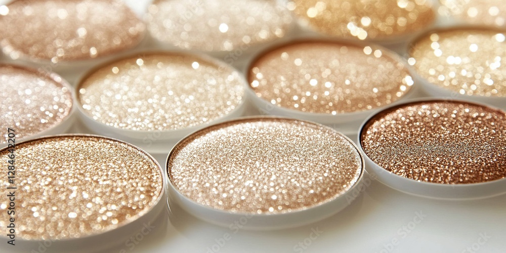 Aufkleber glittering assortment of shimmering cosmetics arranged in circular containers on a smooth surface
