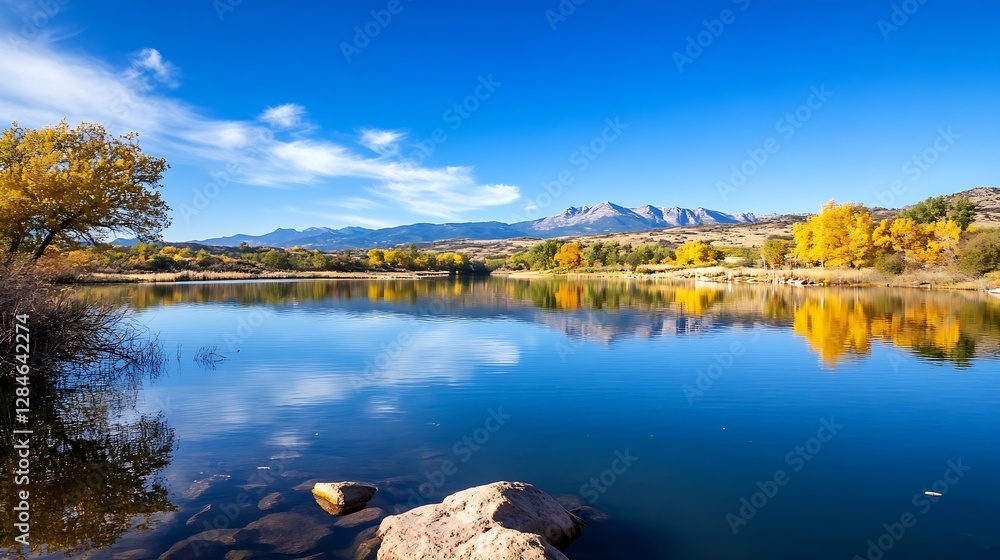 Poster stunning autumn view of a vibrant lake surrounded by colorful foliage and mountains : generative ai