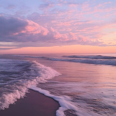 Fototapeta premium A breathtaking beach at sunrise with gentle waves and a pink-hued sky.