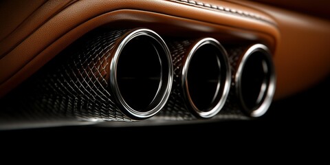 Close-up view of a luxury car's exhaust system showcasing chrome details and a leather interior