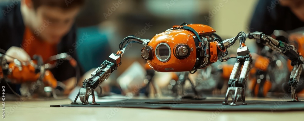 Poster team of engineers build orange robot spider in laboratory setting