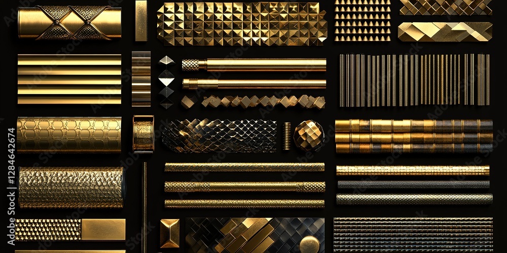 Poster various textured and patterned metallic elements in gold color arranged artistically on a dark backg