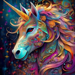 Textured bust of a unicorn in profile. 