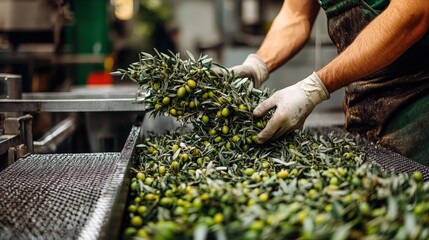 Worker loads fresh olive branches into industrial crusher for processing
