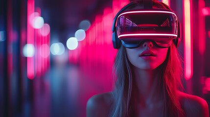 Woman wearing VR eyeglasses on futuristic background