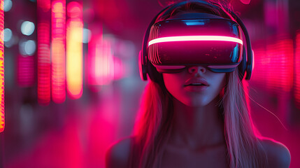 Woman wearing VR eyeglasses on futuristic background
