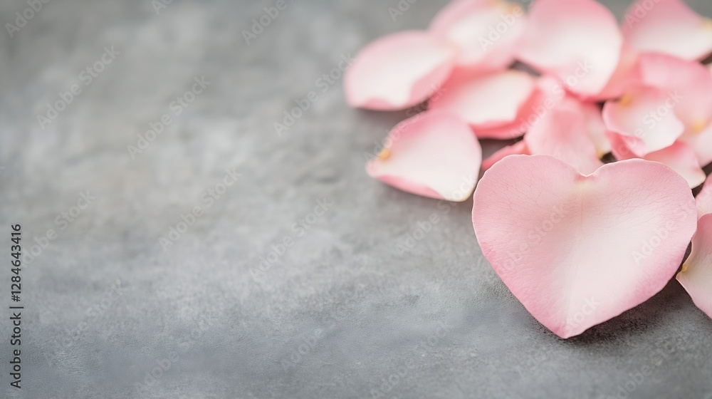 Poster delicate heart shaped arrangement of pink rose petals on a soft gray background creating a romantic 