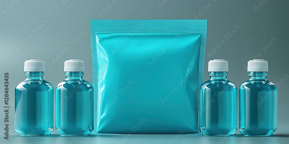 Aufkleber clear blue packaging and bottles arranged symmetrically on a smooth surface in a modern setting