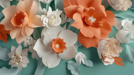 Beautiful Paper Flowers in Vibrant Colors Arranged Artistically on a Turquoise Background for a Stunning Decorative Effect in Springtime
