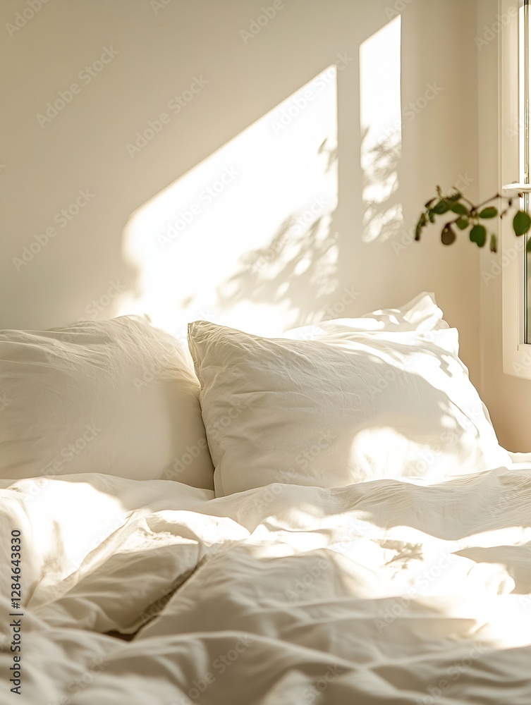 Aufkleber Cozy bedroom with soft pillows and gentle shadows creating a peaceful and inviting atmosphere : Generative AI