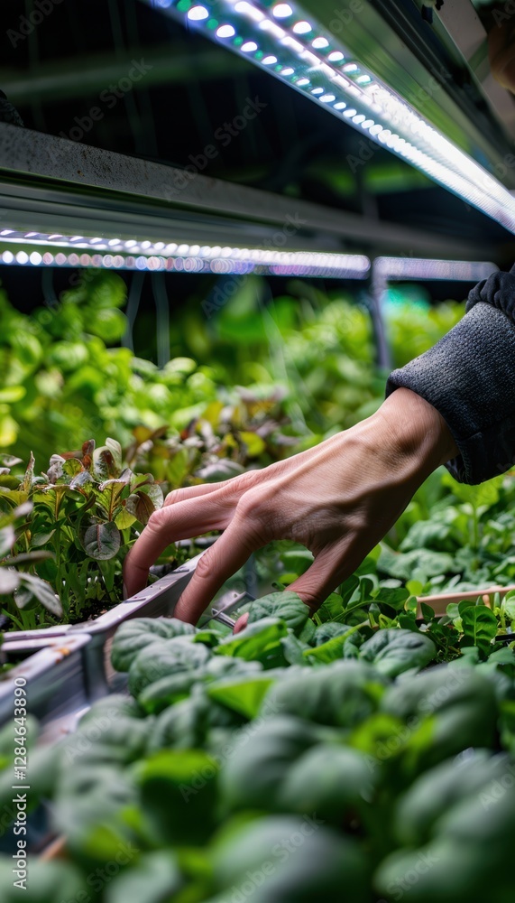 Aufkleber tech-driven hydroponic gardening: hands adjusting controls in modern greenhouse setting