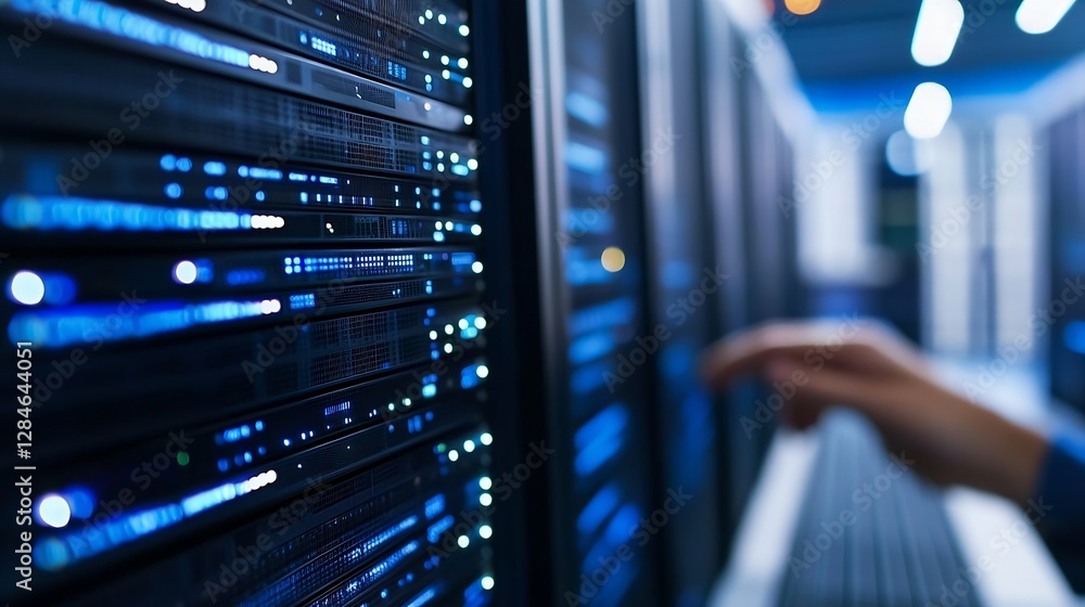 Fototapete Closeup view of a modern data center with illuminated server racks and a person checking the equipment : Generative AI