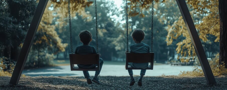 Two caucasian boys on swings in tranquil park setting
