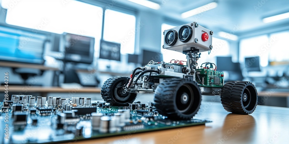Poster small robotic vehicle navigating a circuit board in a modern technology lab