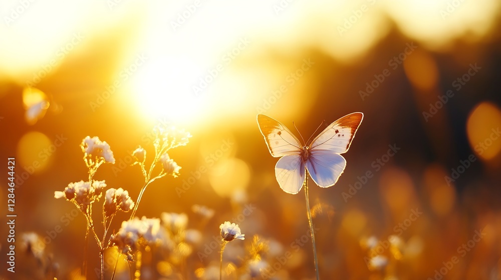 Poster beautiful butterfly resting in a field during golden hour surrounded by wildflowers : generative ai
