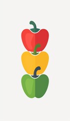 Three sliced bell peppers, red, yellow, and green, are artfully arranged in a vertical stack, showcasing their vibrant colors and smooth textures, perfect for culinary creativity