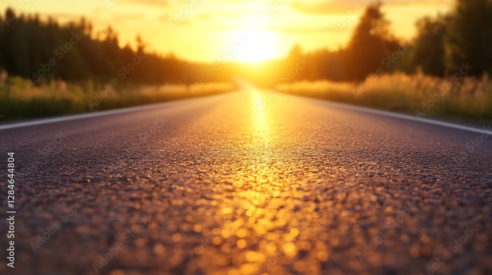 Poster Golden sunset over a smooth highway creating a warm and inviting travel scene : Generative AI