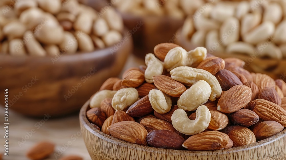 Poster close up view of a variety of nuts in wooden bowls highlighting healthy snacking and nutrition choic
