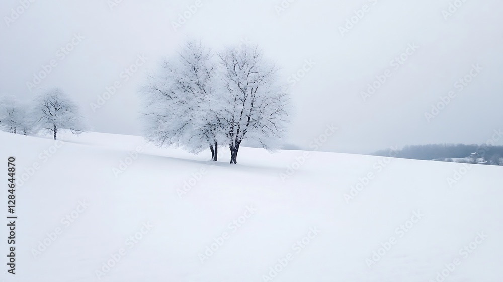 Poster serene winter scene with two snowcovered trees standing out in a white landscape : generative ai