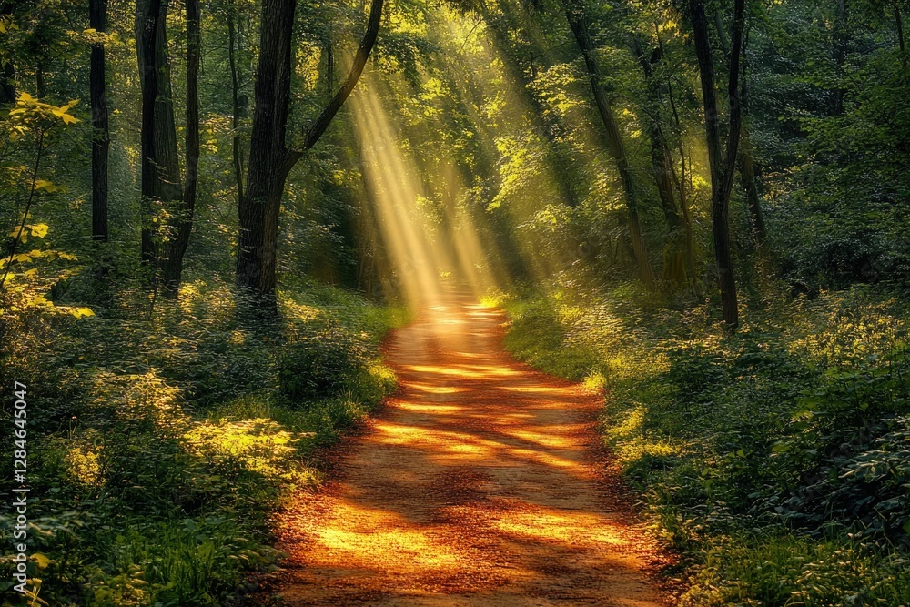 Poster sunbeams illuminate a tranquil forest path, creating a magical and serene atmosphere.