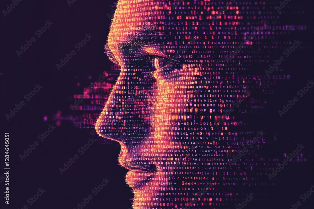 Poster Human face outline merging with binary code, illustrating a futuristic concept of artificial intelligence. Generative AI