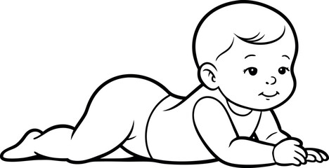 Line Art of Baby Lying on Stomach, Lifting Head - Vector Design