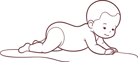 Line Art of Baby Lying on Stomach, Lifting Head - Vector Design