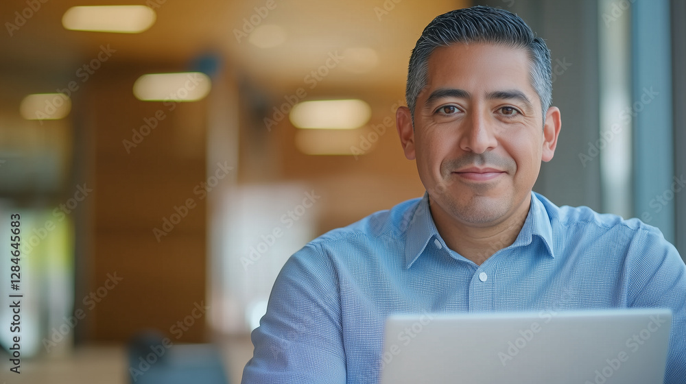 Poster a confident hispanic professional takes part in a remote training program, using an e-learning platf