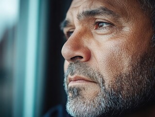 Fototapeta premium Close up of pensive mature man looking through window